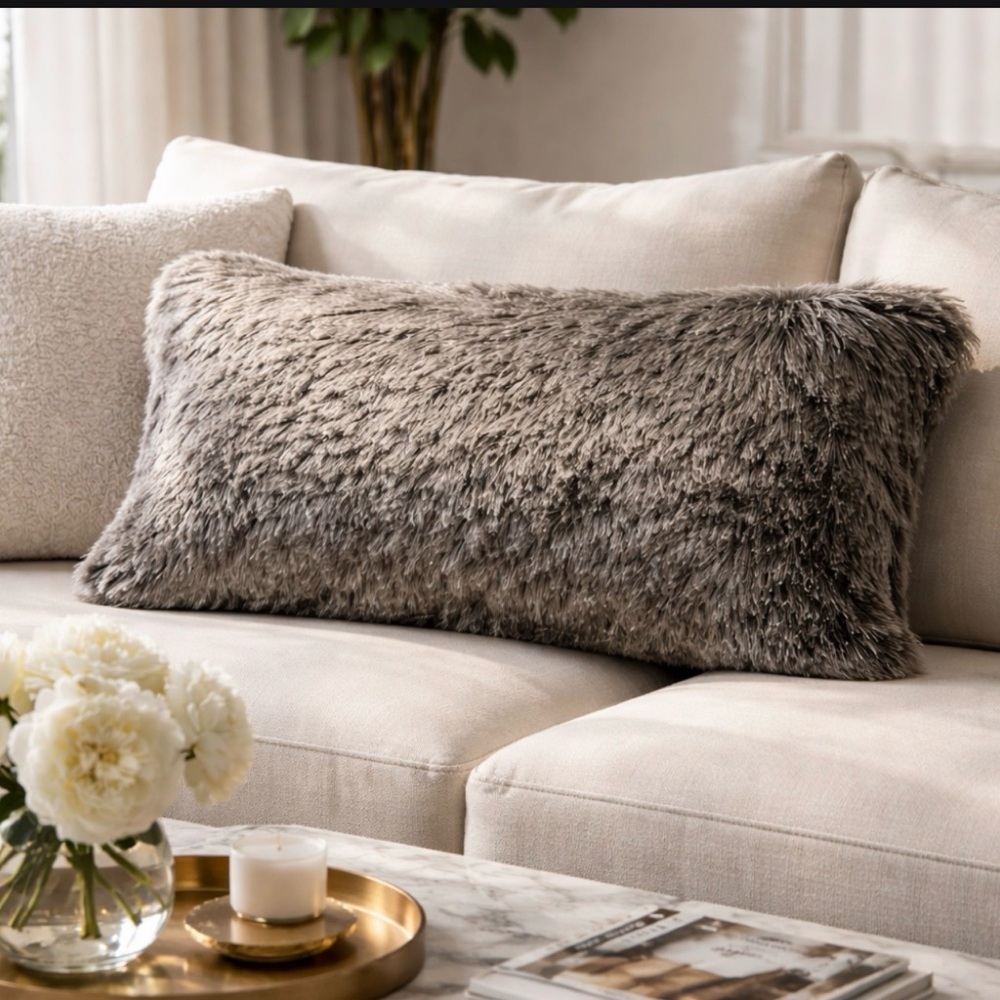 Luxurious Gray Faux Fur Accent Pillow